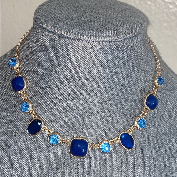 Vintage 80s MONET Blue and Gold Tone Statement Necklace - Picture 3 of 7